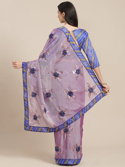 Indyancart RV Women's Chiffon Saree With Sequine Embroidered Work And Bandhani Flowers. ( KVD1314 )