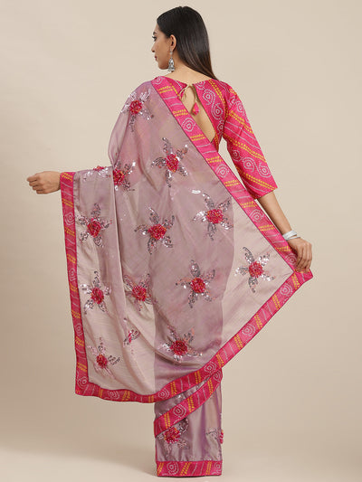 Indyancart RV Women's Chiffon Saree With Sequine Embroidered Work And Bandhani Flowers. ( KVD1315 )