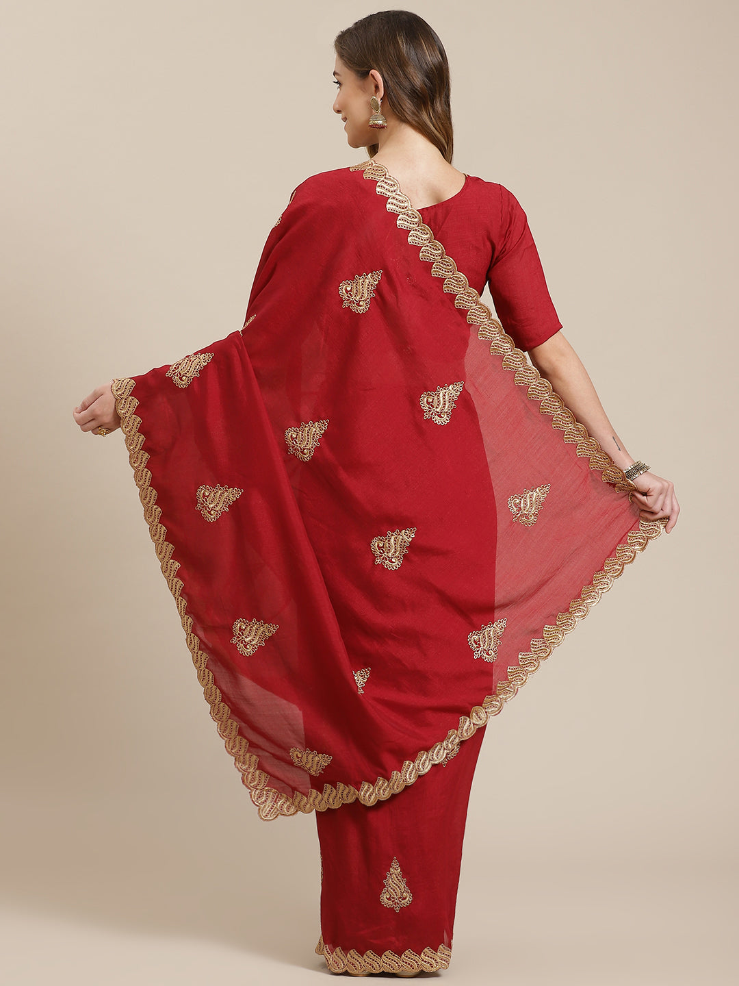 Indyancart RV Women's Vichitra Silk With Zari Embroidery Saree ( KVD1402 )