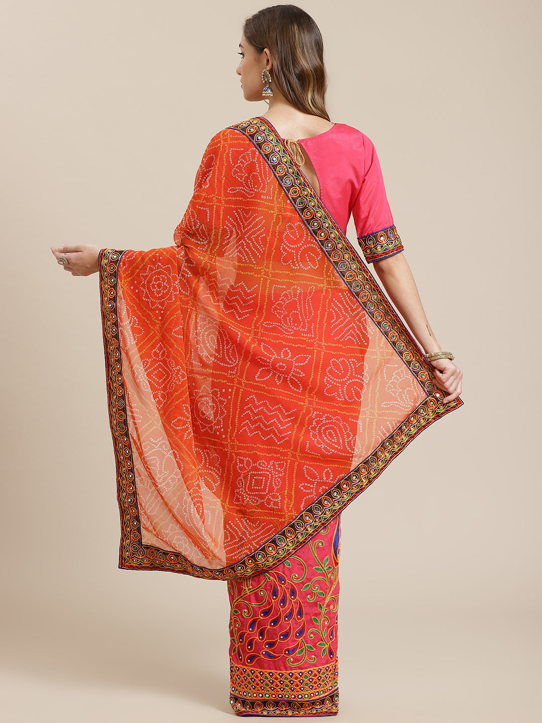 Indyancart RV Women's Bandhani Georgette And Vichitra Silk With Thread Embroidery Saree ( KVD1412 )