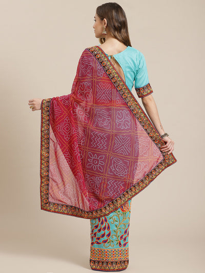 Indyancart RV Women's Bandhani Georgette And Vichitra Silk With Thread Embroidery Saree ( KVD1413 )