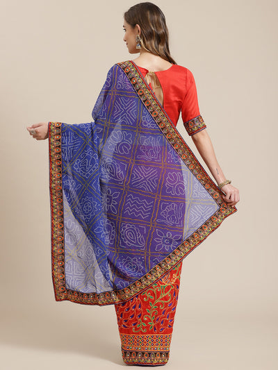 Indyancart RV Women's Bandhani Georgette And Vichitra Silk With Thread Embroidery Saree ( KVD1414 )