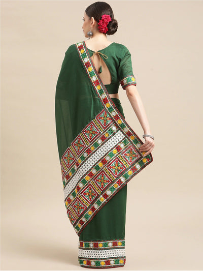 Indyancart RV Women's Shiny Vichitra Multi Color Thread Kutchi Embroidery Saree With Blouse ( KVD1465 )