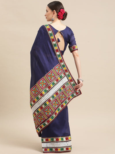 Indyancart RV Women's Shiny Vichitra Multi Color Thread Kutchi Embroidery Saree With Blouse ( KVD1467 )