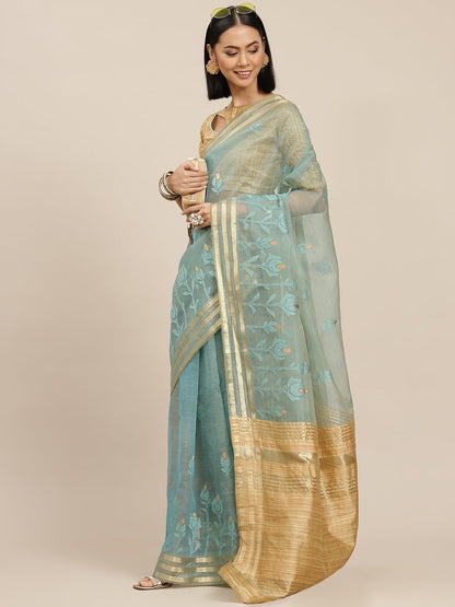 Indyancart RV Women's Organza And Embroidery Work Saree With Blouse ( KVD1521 )