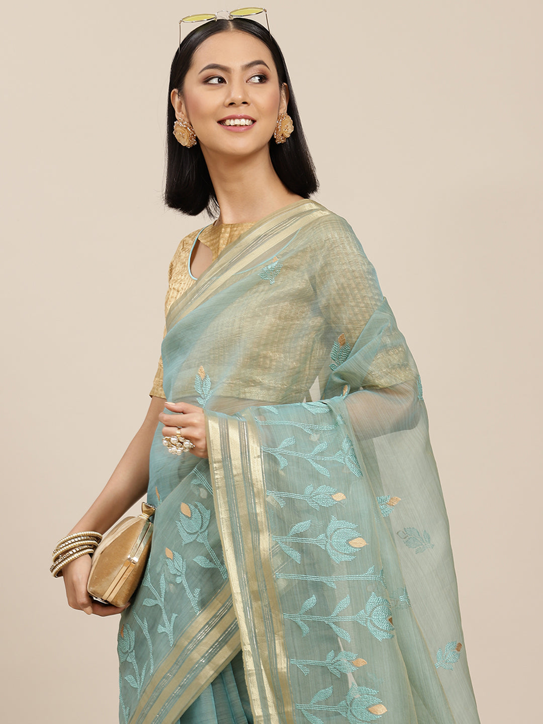 Indyancart RV Women's Organza And Embroidery Work Saree With Blouse ( KVD1521 )