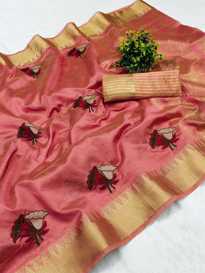 Indyancart RV Women's Assam Cotton Silk With Thread And Zari Embroidery Saree With Blouse ( KVD1527 )