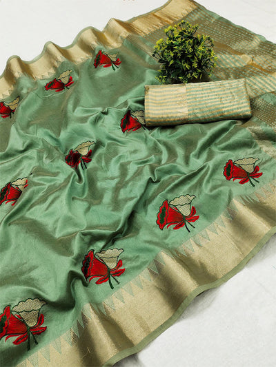 Indyancart RV Women's Assam Cotton Silk With Thread And Zari Embroidery Saree With Blouse ( KVD1529 )