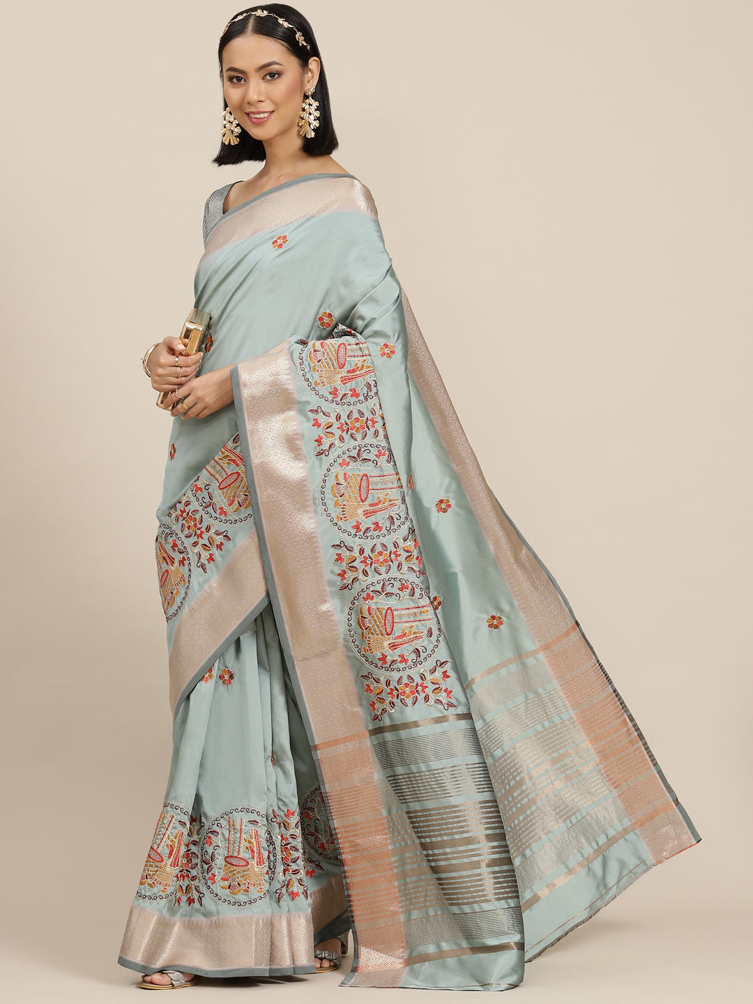 Indyancart RV Women's Soft Cotton Silk With Colourful Thread Embroidery Saree With Blouse ( KVD1538 )