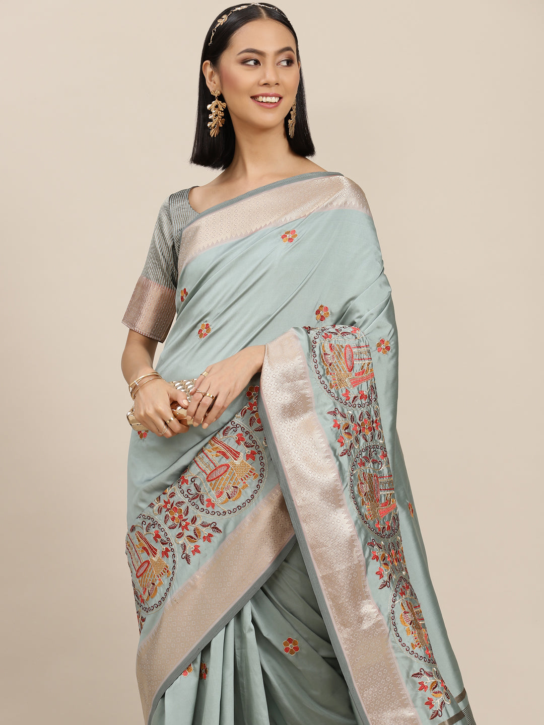 Indyancart RV Women's Soft Cotton Silk With Colourful Thread Embroidery Saree With Blouse ( KVD1538 )