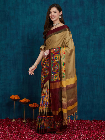 Indyancart RV Women's Cotton Silk Heavy Kutchi Work With Peacock Design Embroidered Saree  ( KVD1544 )