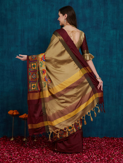 Indyancart RV Women's Cotton Silk Heavy Kutchi Work With Peacock Design Embroidered Saree  ( KVD1544 )