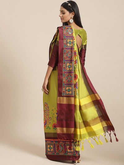 Indyancart RV Women's Cotton Silk Heavy Kutchi Work With Peacock Design Embroidered Saree  ( KVD1545 )