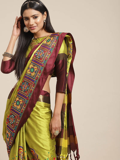 Indyancart RV Women's Cotton Silk Heavy Kutchi Work With Peacock Design Embroidered Saree  ( KVD1545 )