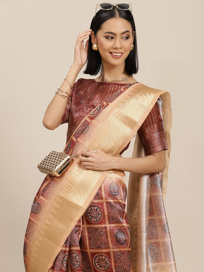 Indyancart RV Women's Assam Cotton Silk jari weaving ajrakh printed Saree with blouse ( KVD1560 )
