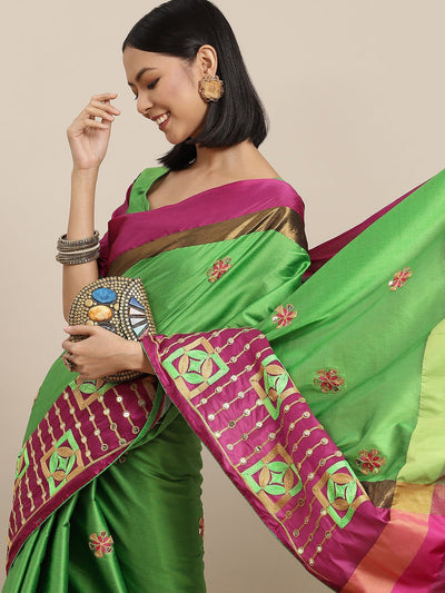 Indyancart RV Women's Designer Traditional Embroidered Cotton Silk Saree With Blouse ( KVD1571 )