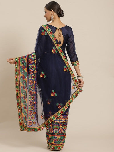 Indyancart RV Women's Net Traditional Embroidered And Mirror Work Saree With Blouse ( KVD1573 )