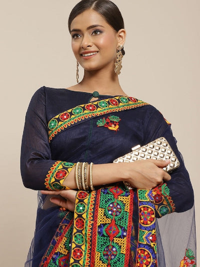 Indyancart RV Women's Net Traditional Embroidered And Mirror Work Saree With Blouse ( KVD1573 )