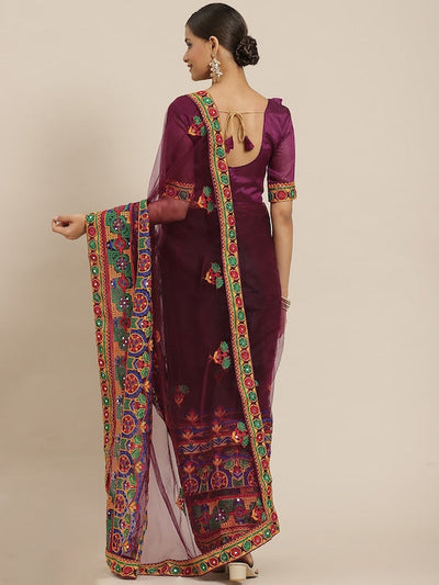 Indyancart RV Women's Net Traditional Embroidered And Mirror Work Saree With Blouse ( KVD1575 )