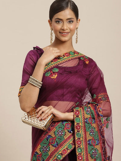 Indyancart RV Women's Net Traditional Embroidered And Mirror Work Saree With Blouse ( KVD1575 )