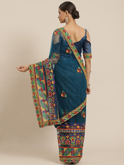 Dhiyona RV Women's Net Traditional Embroidered And Mirror Work Saree With Blouse ( KVD1576 )