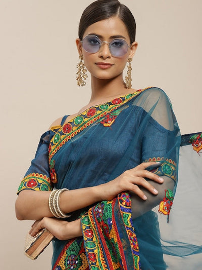 Indyancart RV Women's Net Traditional Embroidered And Mirror Work Saree With Blouse ( KVD1576 )