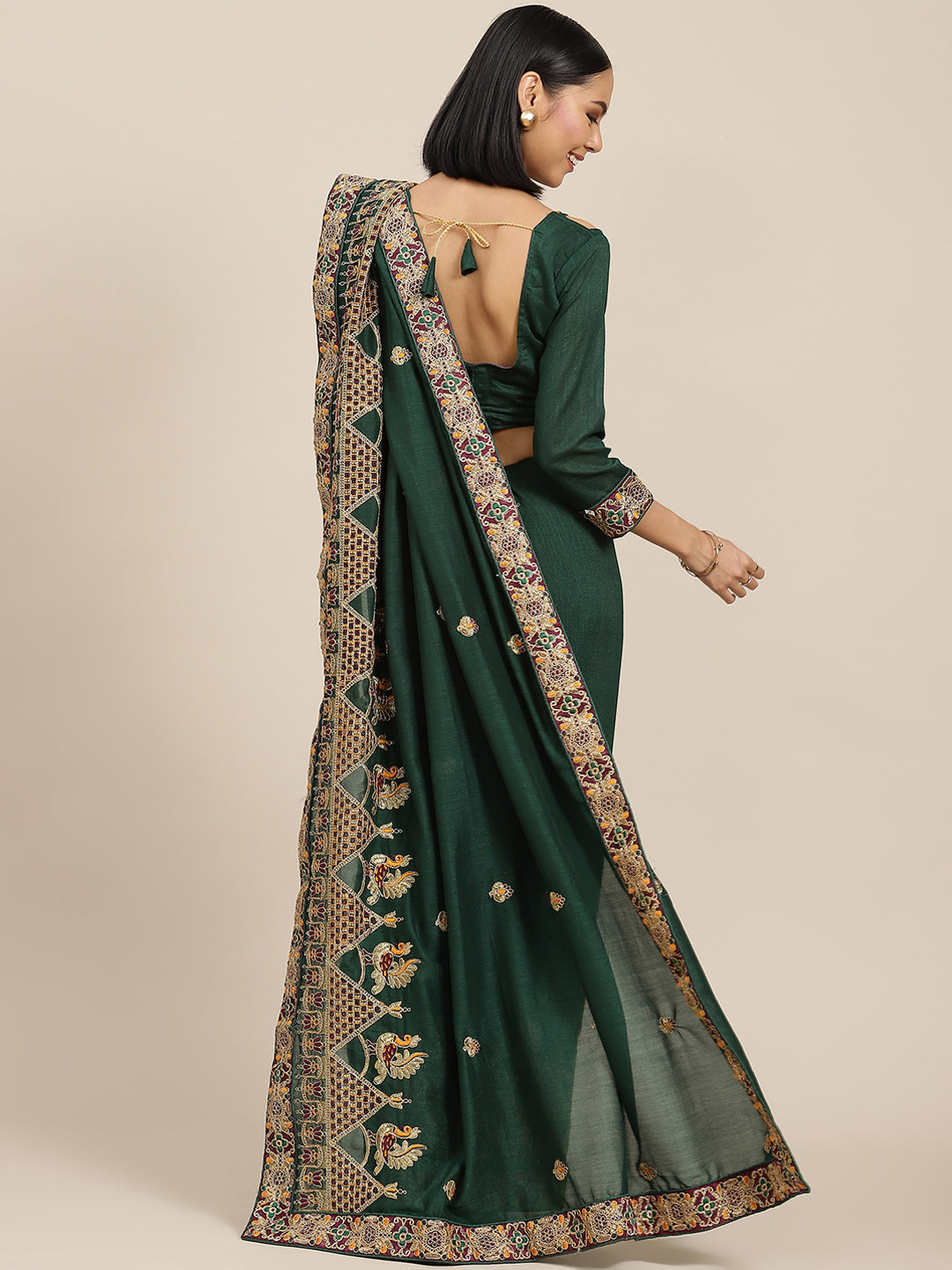 Indyancart RV Women's Vichitra Silk With Zari Embroidered Saree With Blouse ( KVD1596 )