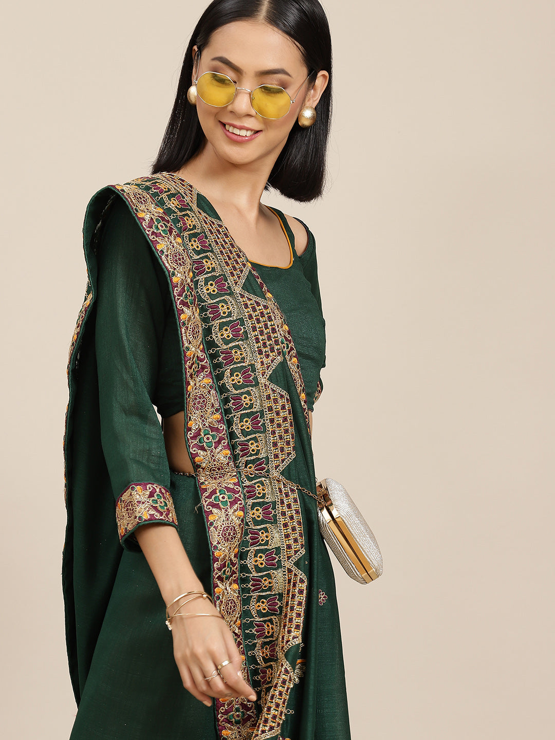 Indyancart RV Women's Vichitra Silk With Zari Embroidered Saree With Blouse ( KVD1596 )