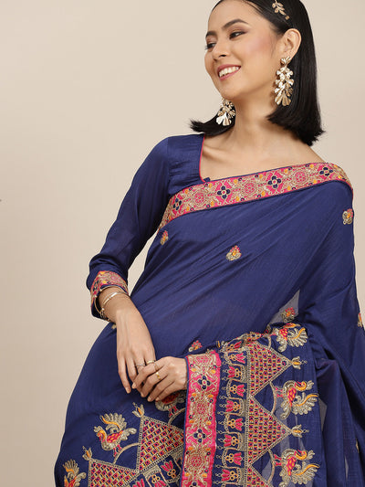 Indyancart RV Women's Vichitra Silk With Zari Embroidered Saree With Blouse ( KVD1598 )