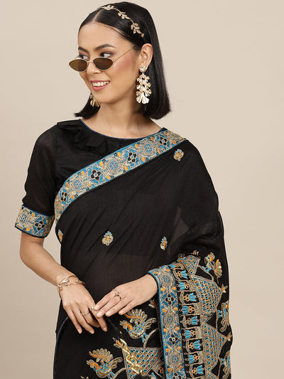 Indyancart RV Women's Vichitra Silk With Zari Embroidered Saree With Blouse ( KVD1599 )