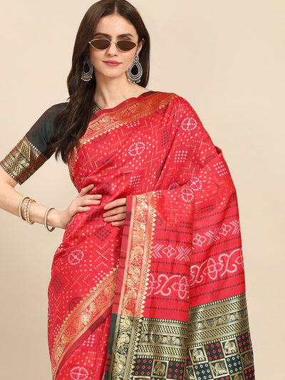 Indyancart RV Women's Banarasi Cotton Silk With Zari weaving Bandhani Saree  ( KVD1641 )