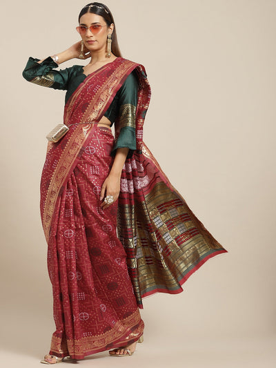 Indyancart RV Women's Banarasi Cotton Silk With Zari weaving Bandhani Saree  ( KVD1643 )
