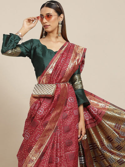 Indyancart RV Women's Banarasi Cotton Silk With Zari weaving Bandhani Saree  ( KVD1643 )