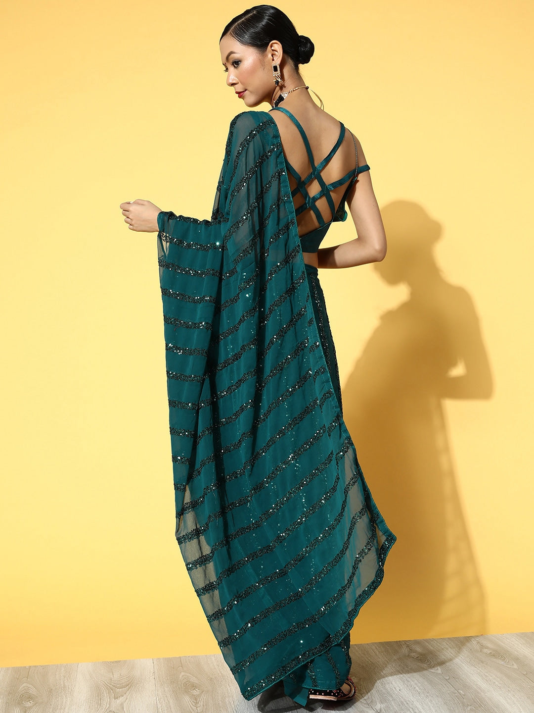 Indyancart RV Women's Elegant Georgette Sequins Embroidered Saree with Banglori Silk Blouse ( KVD1673 )
