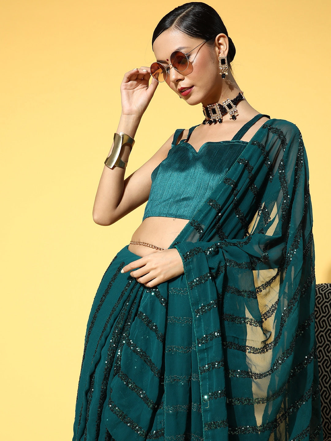 Indyancart RV Women's Elegant Georgette Sequins Embroidered Saree with Banglori Silk Blouse ( KVD1673 )