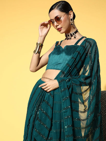 Indyancart RV Women's Elegant Georgette Sequins Embroidered Saree with Banglori Silk Blouse ( KVD1673 )