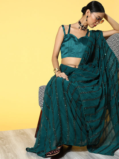 Indyancart RV Women's Elegant Georgette Sequins Embroidered Saree with Banglori Silk Blouse ( KVD1673 )