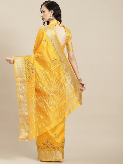 Indyancart RV Women's Elegant Assam Cotton Silk Embroidered Saree with Temple Contrast Border  ( KVD1699 )