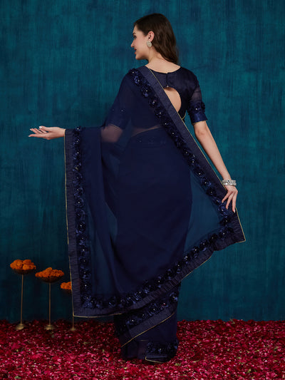Indyancart RV Women's Designer Ribbon Work Georgette Saree with Blouse ( KVD17 )