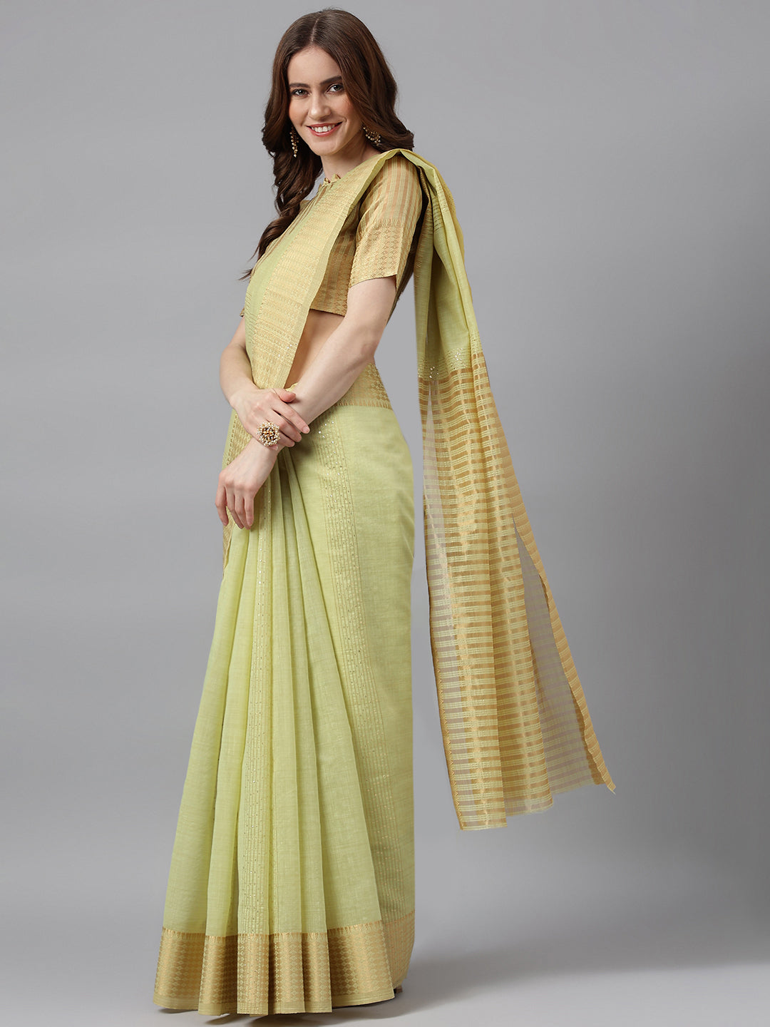 Indyancart RV Women's Designer Cotton Silk Linen Saree with Golden Border & Sequins Work ( KVD1730 )