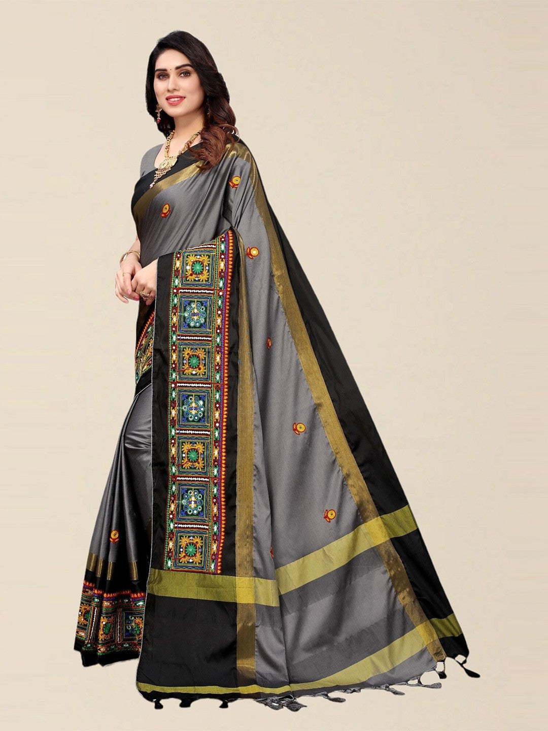 Indyancart RV Women's Designer Cotton Silk Embroidered Saree with Heavy Border ( KVD1754 )