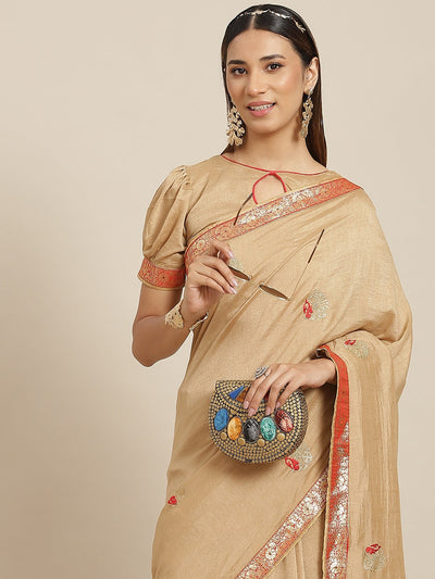 Indyancart RV Women's Designer Vichitra Georgette Embroidered Saree with Jacquard Lace With Blouse ( KVD1797 )