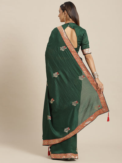 Indyancart RV Women's Designer Vichitra Georgette Embroidered Saree with Jacquard Lace With Blouse ( KVD1801 )