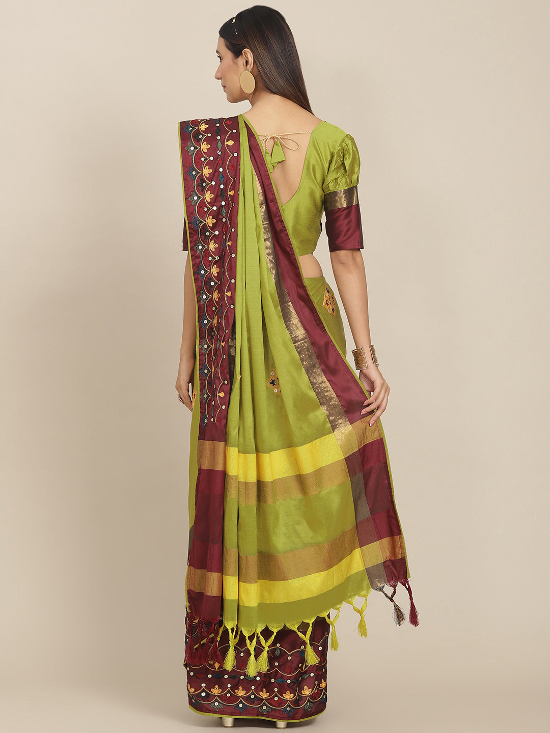 Indyancart RV Women's Exquisite Aangi Cotton Silk Saree with Multi-Color Thread & Sequins Embroidery With Blouse ( KVD1814 )