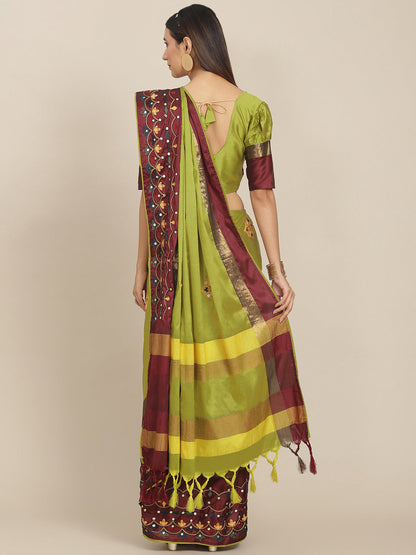 Indyancart RV Women's Exquisite Aangi Cotton Silk Saree with Multi-Color Thread & Sequins Embroidery With Blouse ( KVD1814 )