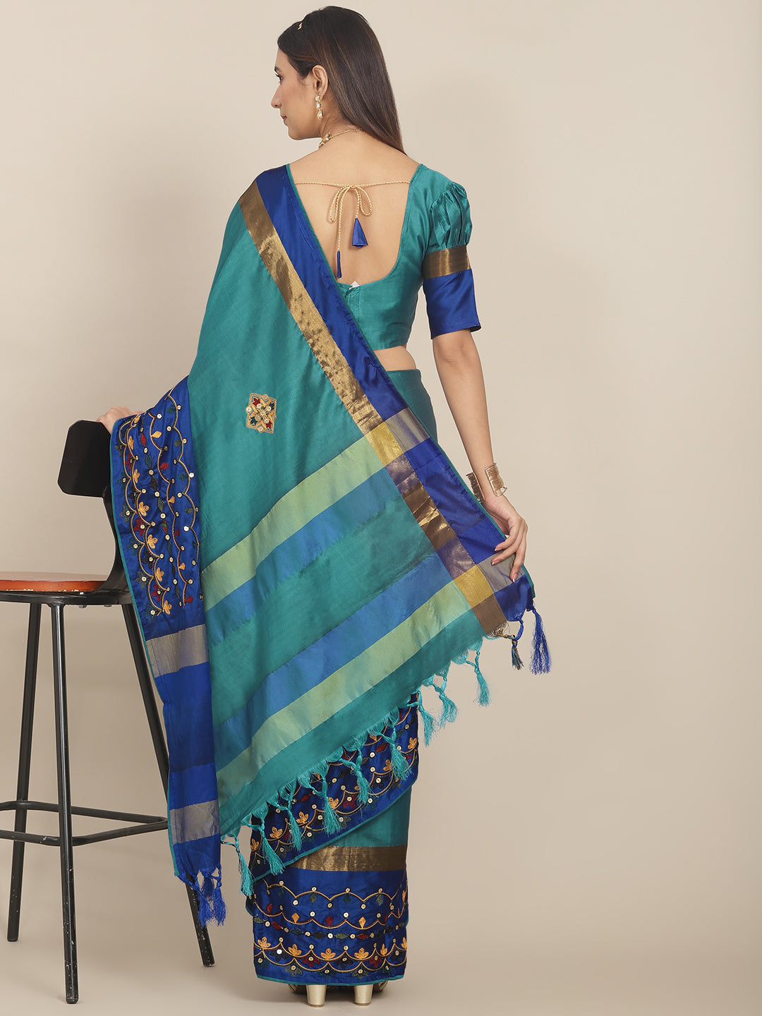 Indyancart RV Women's Exquisite Aangi Cotton Silk Saree with Multi-Color Thread & Sequins Embroidery With Blouse ( KVD1817 )