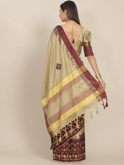 Indyancart RV Women's Exquisite Aangi Cotton Silk Saree with Multi-Color Thread & Sequins Embroidery With Blouse ( KVD1818 )