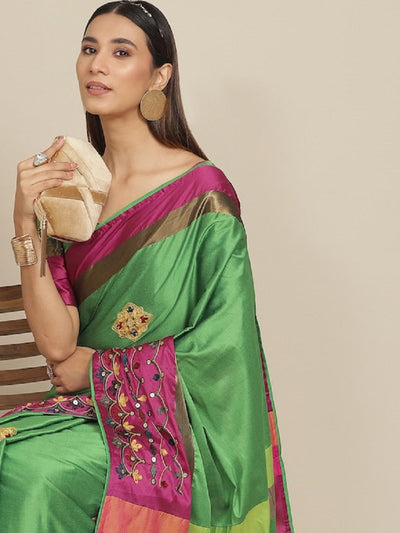 Indyancart RV Women's Exquisite Aangi Cotton Silk Saree with Multi-Color Thread & Sequins Embroidery With Blouse ( KVD1819 )