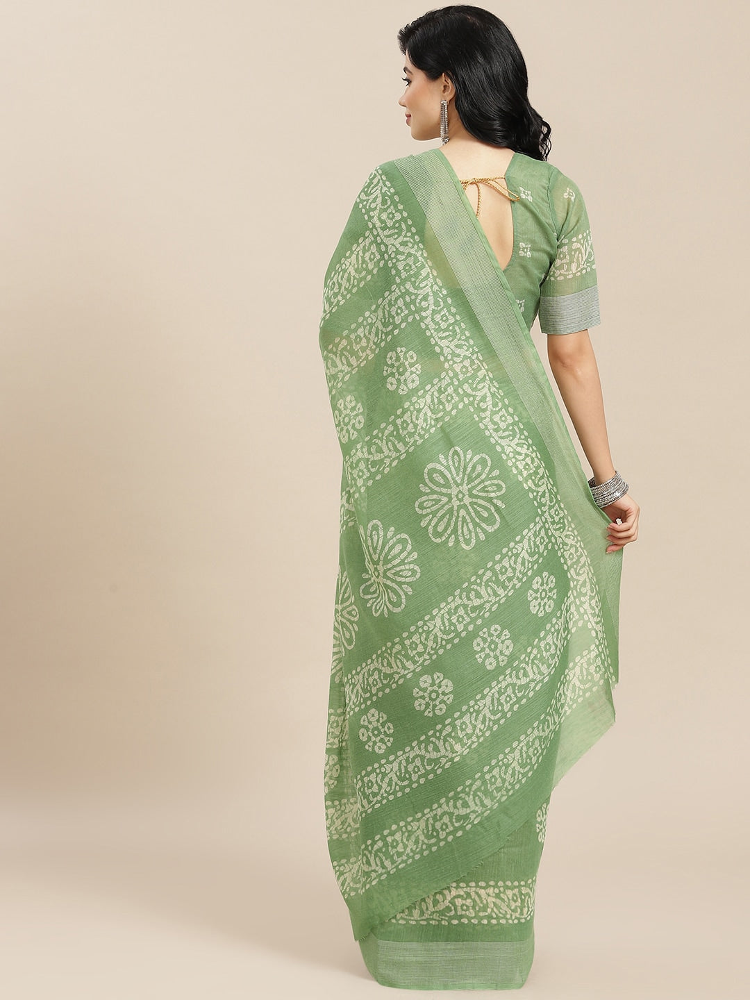 Indyancart RV Women's Elegant Linen Blend Cotton Block Print Saree with Matching Blouse
 ( KVD1832 )