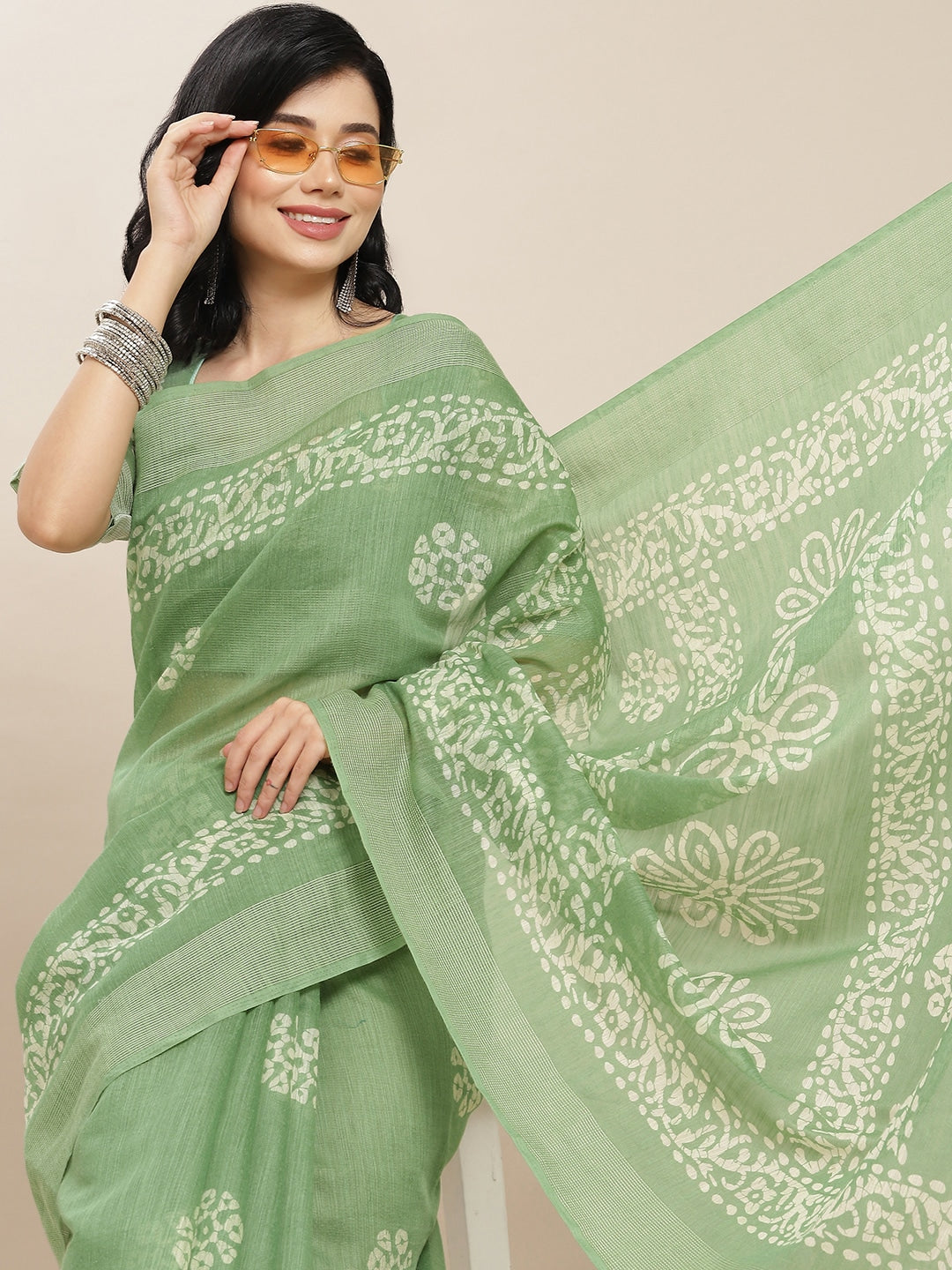 Indyancart RV Women's Elegant Linen Blend Cotton Block Print Saree with Matching Blouse
 ( KVD1832 )